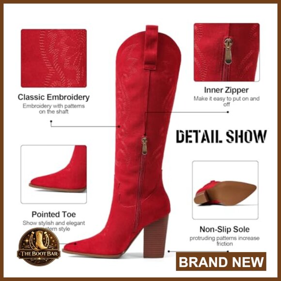 Knee High Cowboy Boots Pointed Toe Chunky Heels Pull-on Embroidered Western - Picture 4 of 7